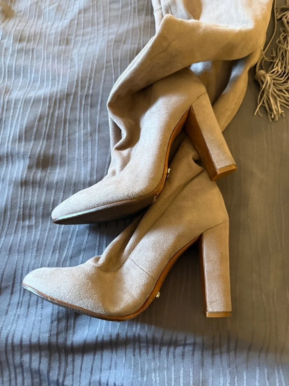 Shutz Over-the-Knee Suede Block Heel Boots in Taupe 7.5 B tassels